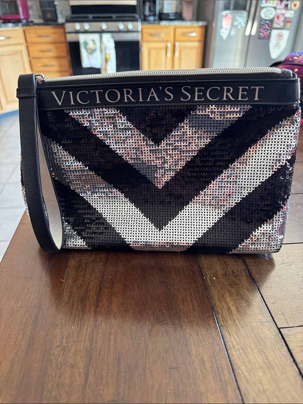 Victoria's Secret Black & Silver Sequin Chevron Wristlet Clutch